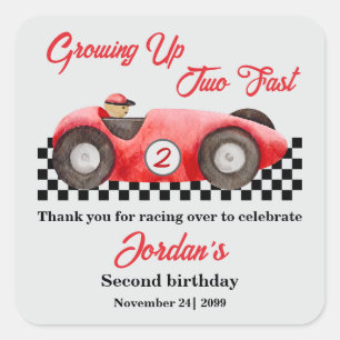 Zwei schnelle Red Race Car 2. Geburtstag Quadratischer Aufkleber