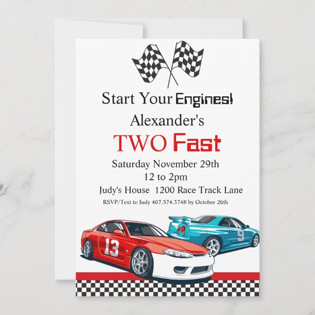 Zwei schnelle Red Race Car Geburtstag Einladung (Vorderseite)