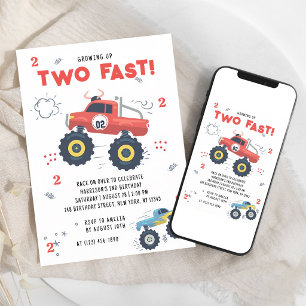 Zwei schnelle rote Monster-Trucks zum 2. Geburtsta Einladung