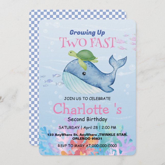 Zwei schnelle Schildkröte Whale Rennen 2. Geburtst Einladung (Vorne/Hinten)