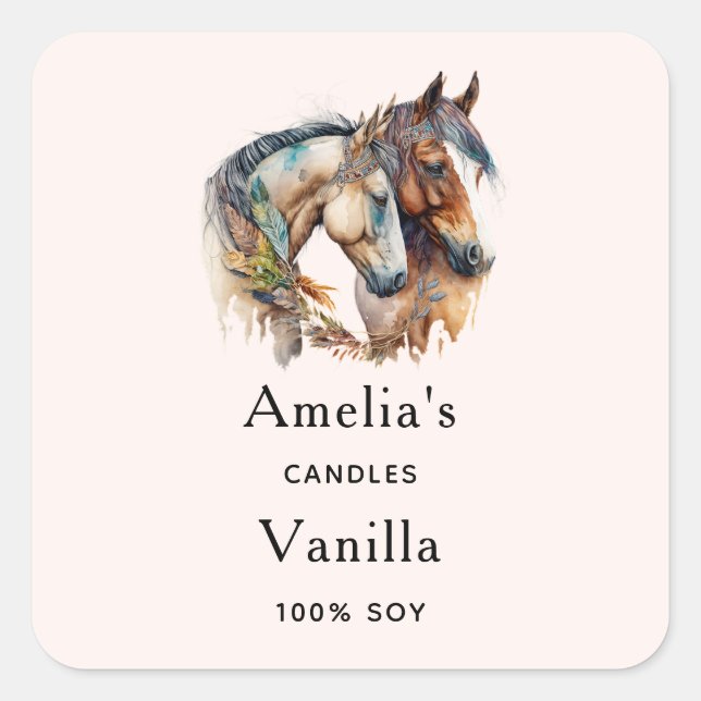 Zwei schöne Pferde Western Boho Candle Business Quadratischer Aufkleber (Vorderseite)