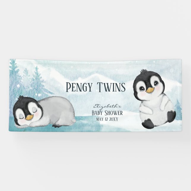 Zwei schöne Pinguine Illustration Baby Dusche Banner (Horizontal)