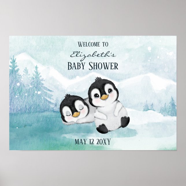 Zwei schöne Pinguine Illustration Baby Dusche Poster (Vorne)