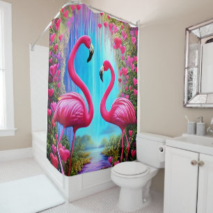 Zwei schöne rosa Flamingos in Liebe Grafik Duschvorhang