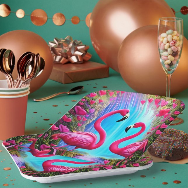 Zwei schöne rosa Flamingos in Liebe Grafik Pappteller (Multi)