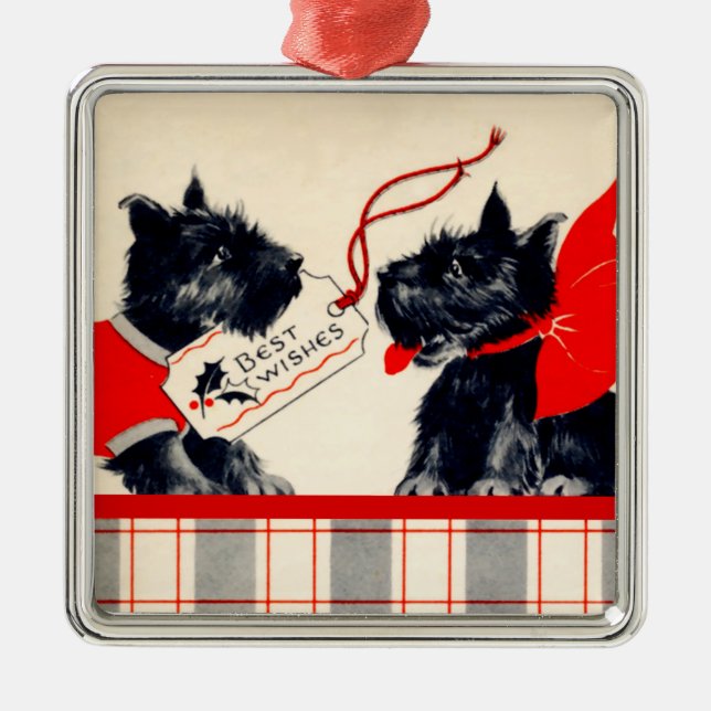 Zwei schottische Hunde, Black Scottish Terrier Orn Silbernes Ornament (Vorne)