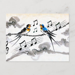 Zwei Schwalben singen auf einer Stromleitung auf C Postkarte