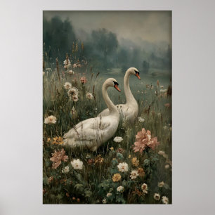 Zwei Schwäne Antike Druckbare Kunst, Schwan Blume Poster