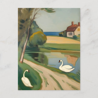 Zwei Schwäne in der Nähe eines Teiches Postkarte