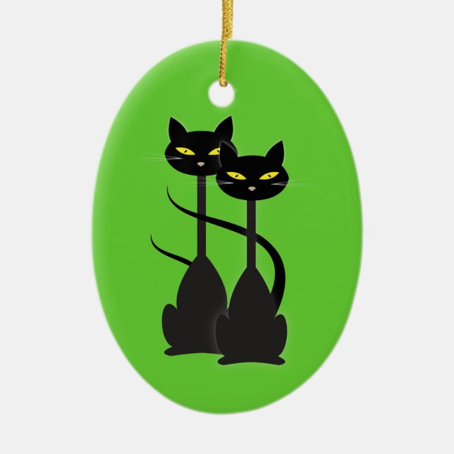 Zwei schwarze Katzen mit langen Engpässen auf Grün Keramik Ornament (Vorne)