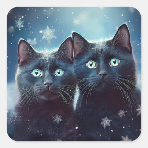 Zwei schwarze Katzen werden angeschneit Quadratischer Aufkleber