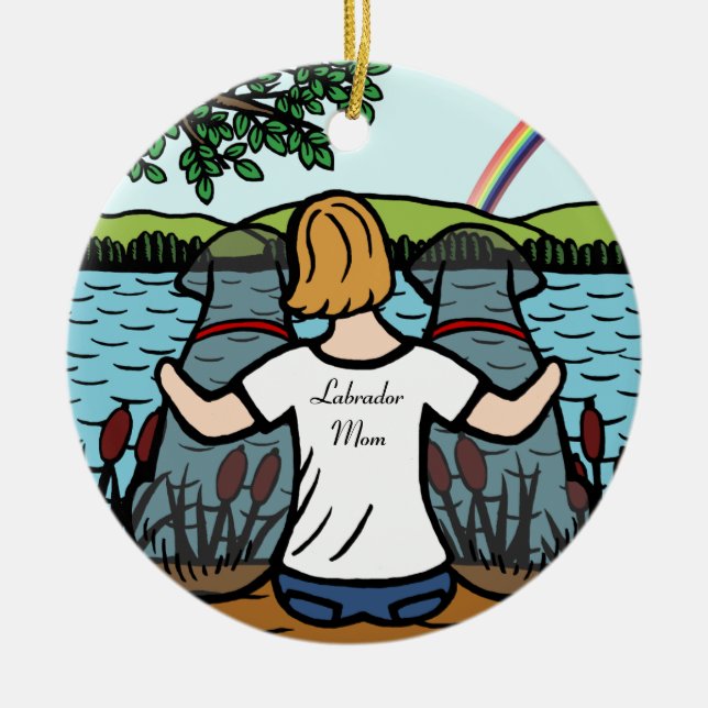 Zwei schwarze Labrador-Engel und Mama 2 Keramikornament (Vorne)