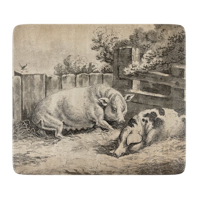 Zwei Schweine, die in Strohhalm in einem Außengebl Schneidebrett (Vorderseite)