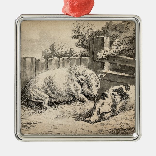 Zwei Schweine, die in Strohhalm in einer Keramik i Ornament Aus Metall (Vorne)