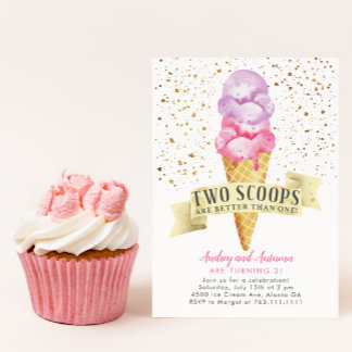Zwei Scoops Twin Girls Ice Cream Geburtstagsparty Einladung