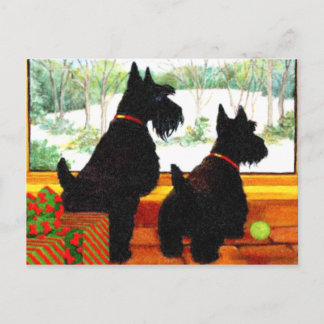 Zwei Scottie Hunde Wartete für den Weihnachtsmann Feiertagspostkarte