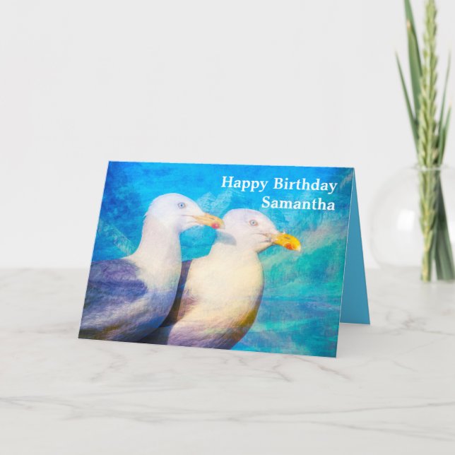 Zwei Seagulls Aquarellfarben Name Happy Birthday Karte (Vorderseite)