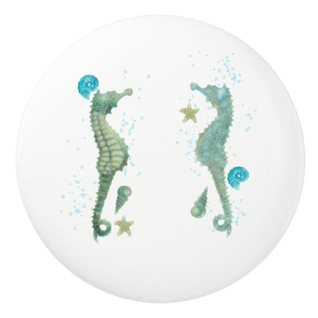 Zwei Seepferde Watercolor Beach Elegantes Tropisch Keramikknauf (Vorderseite)