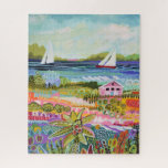 Zwei Segelboote und Hütte Puzzle<br><div class="desc">Zwei Segelboote und Hütte I von Karen Fields. Helle, lustige Szene mit Blume, Bäumen, einer Hütte und Segelbooten auf dem Wasser.</div>