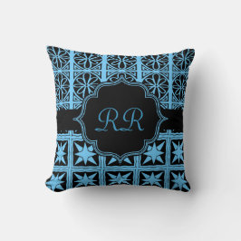 Zwei seitliche Monogram Pillow Blau und Schwarz Kissen