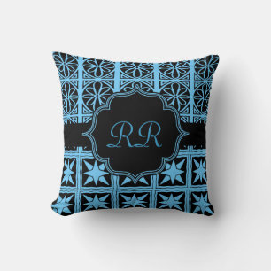 Zwei seitliche Monogram Pillow Blau und Schwarz Kissen