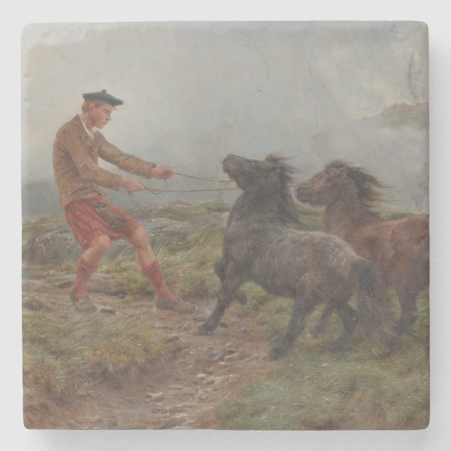 Zwei Shetland Ponys in einer malerischen Hochlands Steinuntersetzer (Vorderseite)