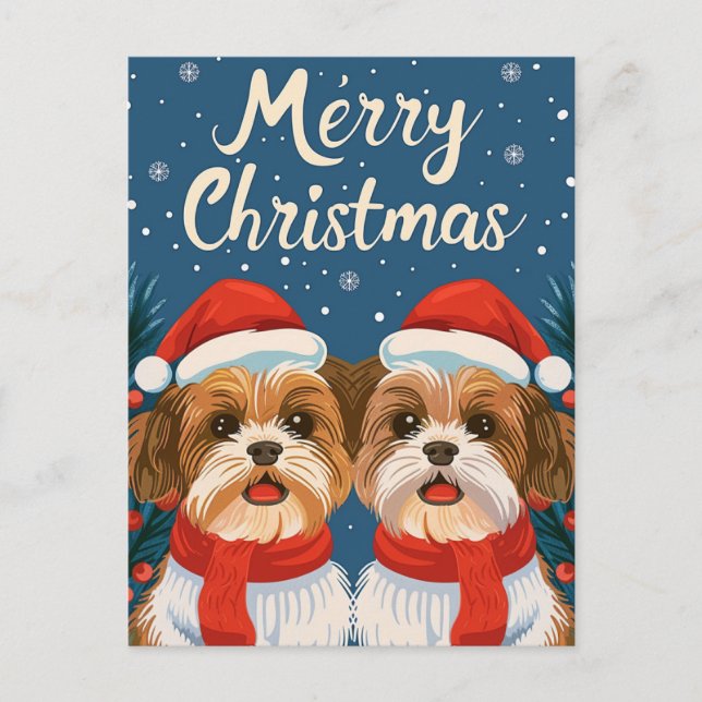 Zwei Shi Tzu Frohe Weihnachten Postkarte (Vorderseite)