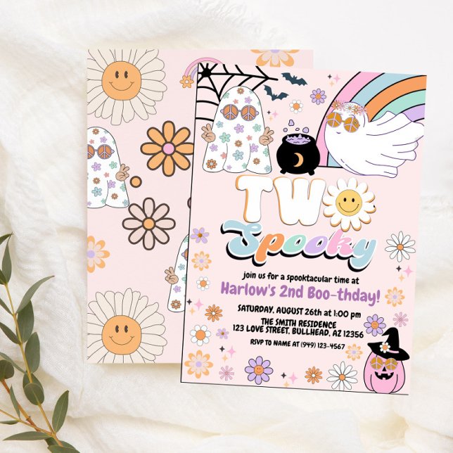 Zwei Spooky Groovy Ghost Hippie Halloween Geburtst Einladung (Von Creator hochgeladen)
