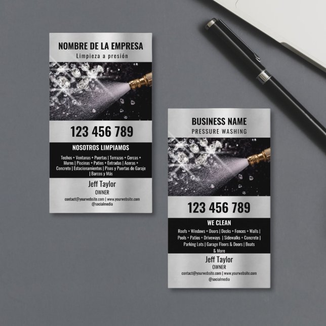 Zwei Sprachen Druck waschen Power Waschabdeckung Visitenkarte (wash pressure machine with diamonds in the water splash)