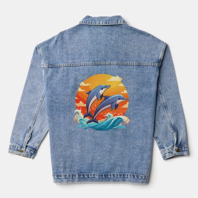 Zwei springende Cartoon-Delfine Jeansjacke (Rückseite)