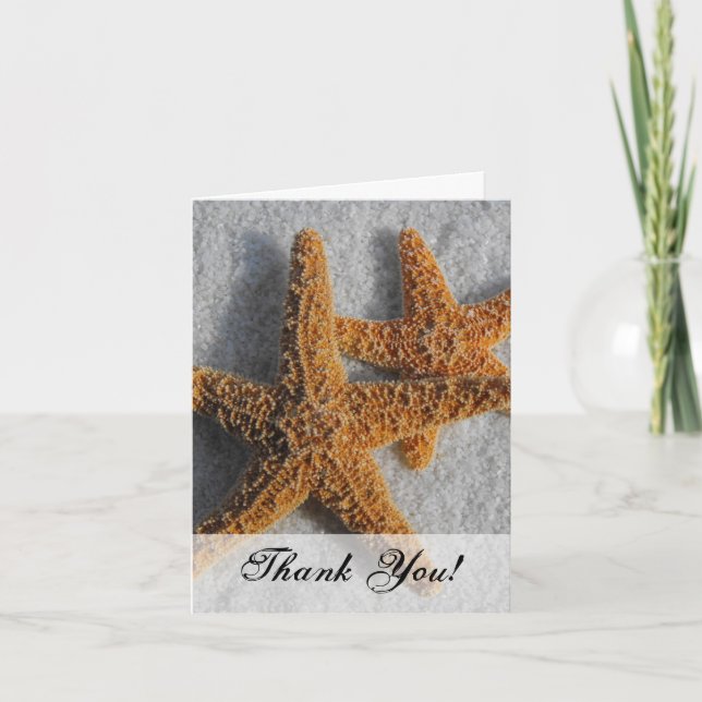 Zwei Starfish im Sand, Hochzeit am Strand Dankeskarte (Vorderseite)