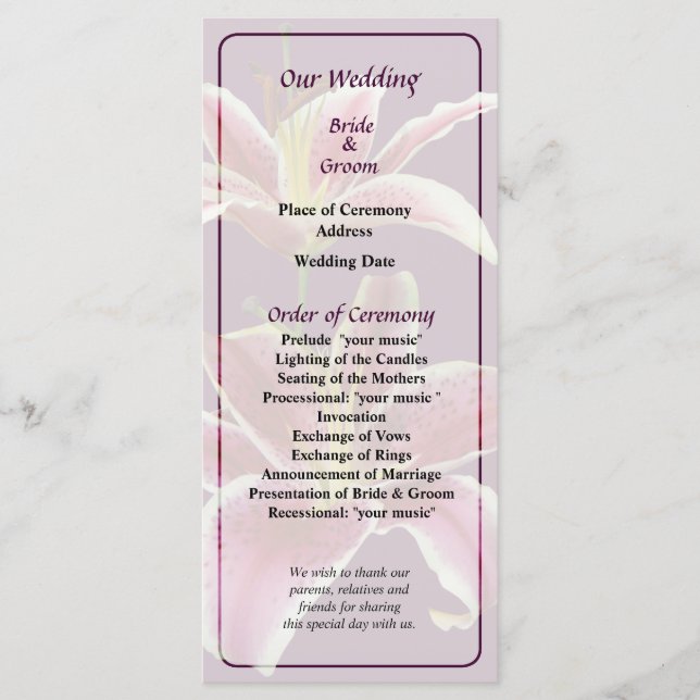 Zwei Stargazer Lilies Wedding Programme (Vorderseite)