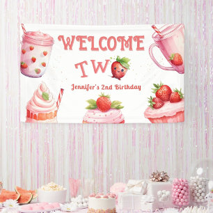 ZWEI Süß! Rosa Mädchen Erdbeere 2. Geburtstag Banner