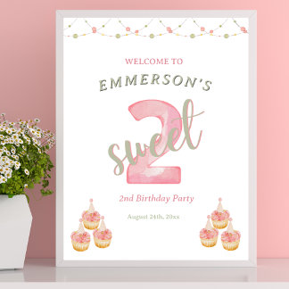 Zwei süße Cupcake 2. Geburtstags-Willkommensschild Poster