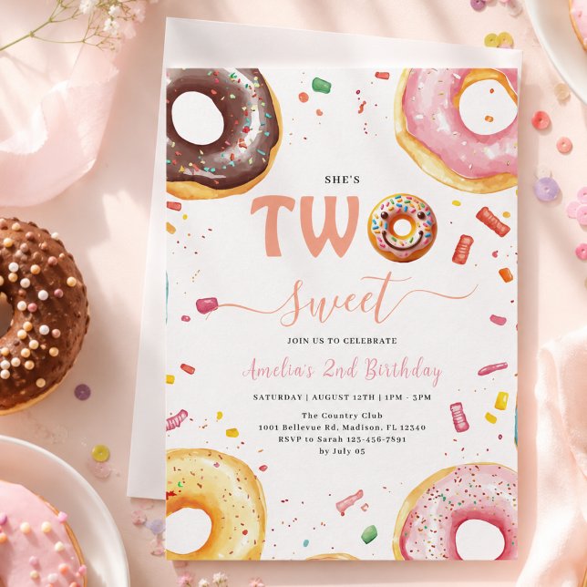 Zwei süße Donuts 2. Geburtstag Party Einladung (Two Sweet Donuts 2nd Birthday party Invitation)