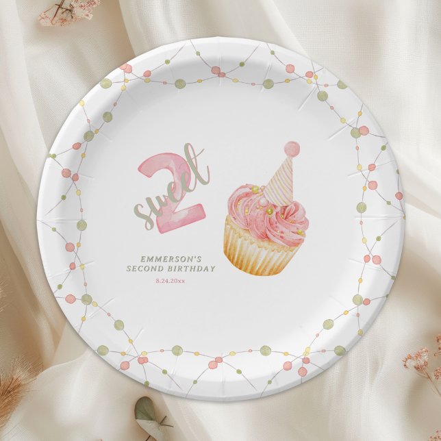 Zwei süße niedliche Cupcake 2. Geburtstag  Pappteller (Two Sweet Cute Cupcake 2nd Birthday Paper Plates
)