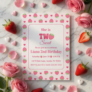 Zwei süße rosa Erdbeermädchen zum 2. Geburtstag Einladung