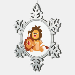 Zwei süße, verspielt Cartoon Löwen Zinn Schmuck Schneeflocken Zinn-Ornament