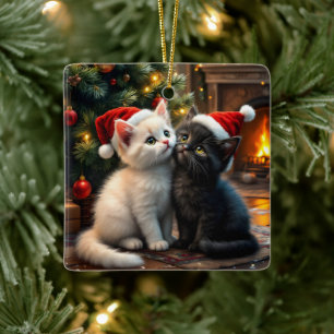 Zwei süße Weihnachtskätzchen mit Santa-Hüten Keramikornament