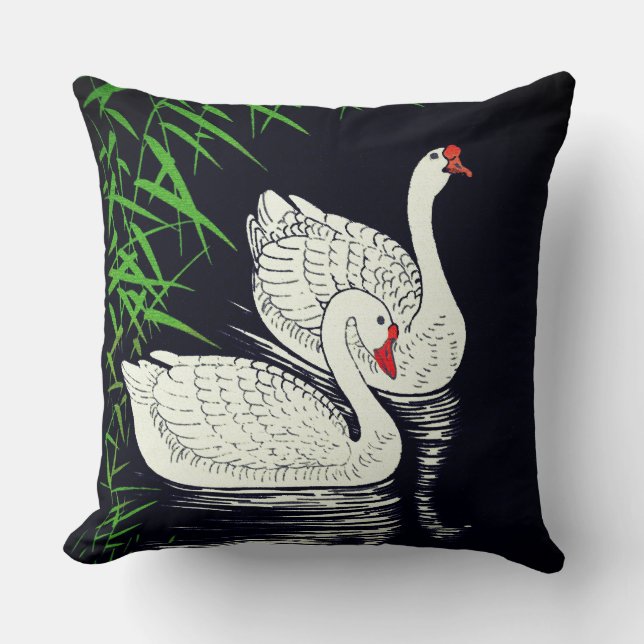 Zwei Swans auf einem Pool - Weiß auf schwarzem Hin Kissen (Vorderseite)