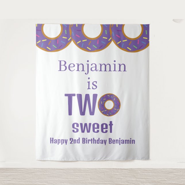 Zwei Sweet 2. Geburtstag Lila Donut Party Wandteppich (Vorderseite)