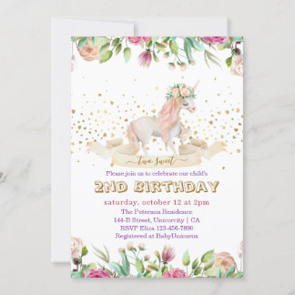 Zwei Sweet Magical Unicorn Baby Girl 2. Geburtstag Einladung