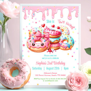Zwei Sweet Niedlich Donut Pink Girl 2. Geburtstag Einladung
