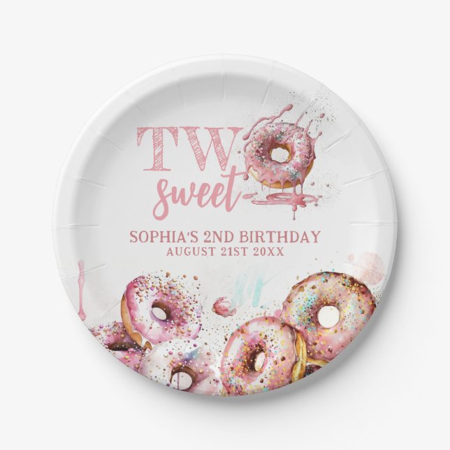 Zwei Sweet Pink Donut Girl 2. Geburtstag Pappteller (Vorderseite)