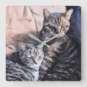 Zwei Tabby-Katzen-Kunst-Wanduhr Quadratische Wanduhr