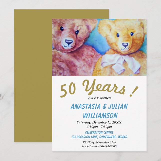 ZWEI TEDDY BÄREN 50 JAHRE GEMEINSAME PARTY EINLADU EINLADUNG (Vorne/Hinten)