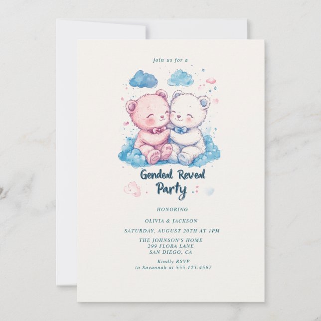 Zwei Teddy Bears Gender Reveal Party Einladung (Vorderseite)