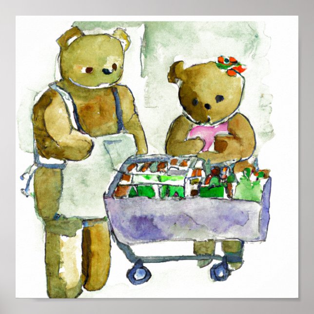 Zwei Teddy Bears Shopping Art "Digital Download" Poster (Vorne)