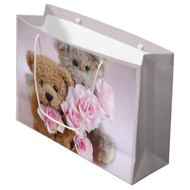 Zwei Teddybären mit Rose Große Geschenktüte (Vorderseite Schrägansicht)