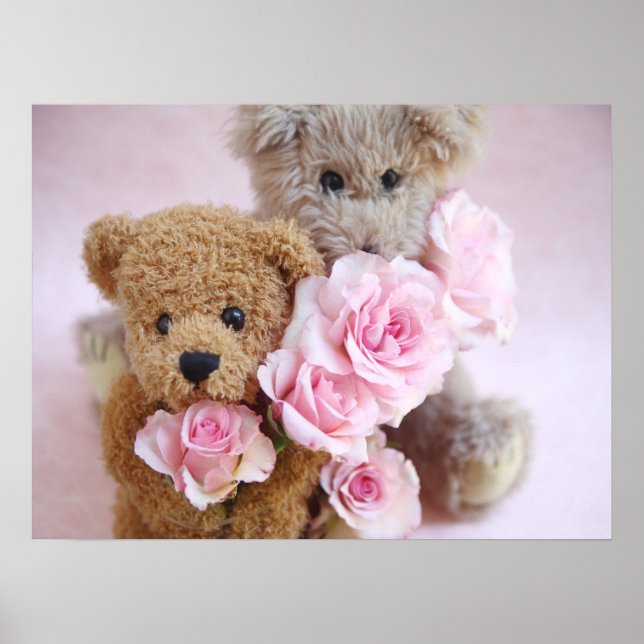 zwei Teddybären mit Rose-Plakat Poster (Vorne)